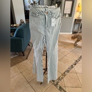 NWT Judy Blue Super Flare Striped Jeans Womens 13/31 White Raw Hem HIgh Rise